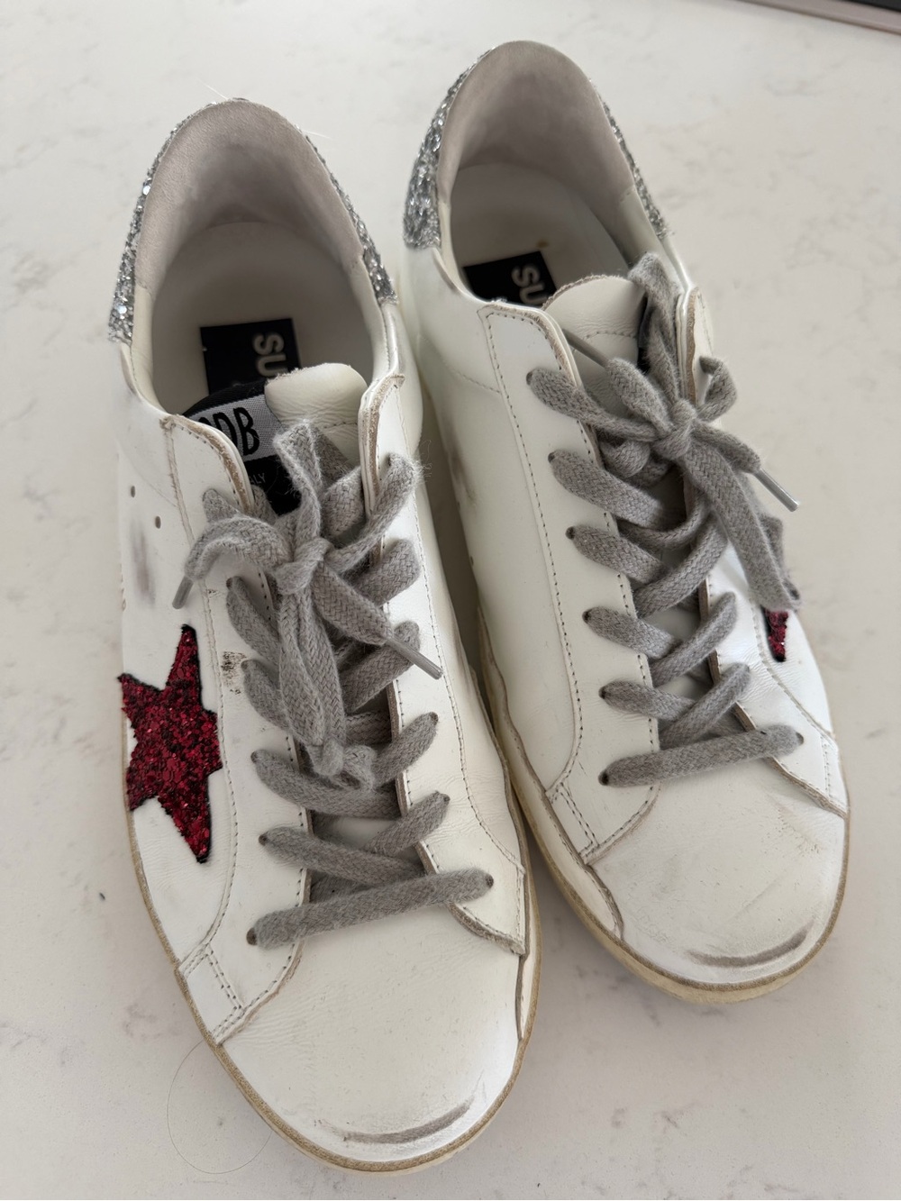 Golden Goose White Sneakers with Red Star and Silver Heel